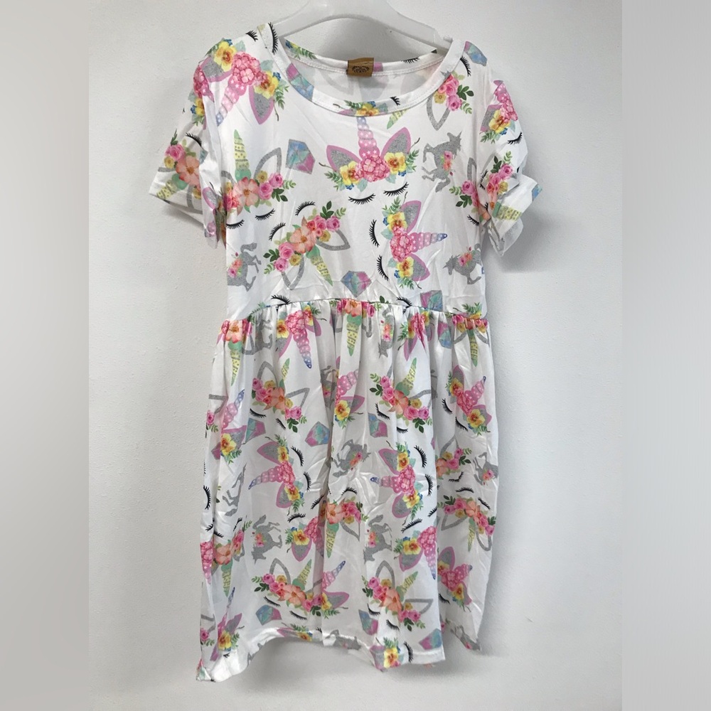 Little Girl Kids Toddler Short Sleeve Floral Unicorn Flower Girl Dress Causal